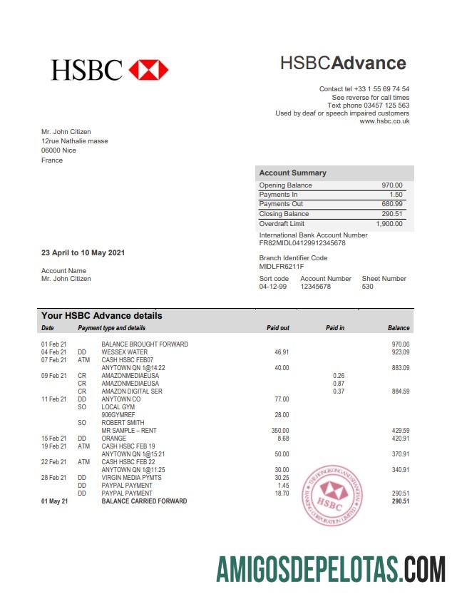 Modelo de extrato bancário HSBC da França para impressão em formato Word e PDF
